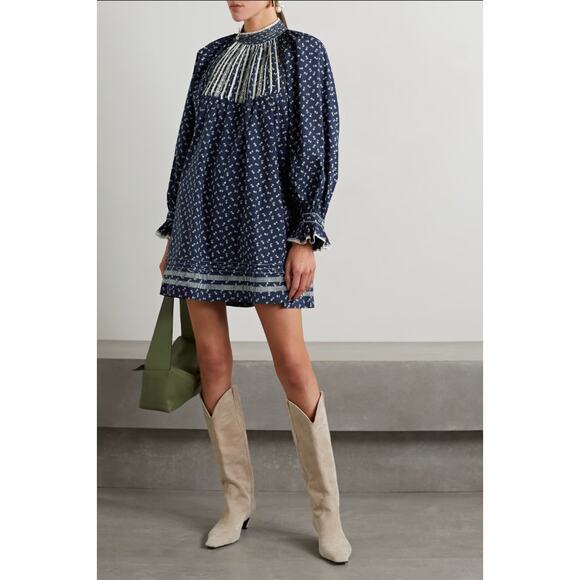 Doen Navy Beatrice Blue Floral Long Sleeve Pleated High Collar Dress Size XXL - Picture 1 of 8